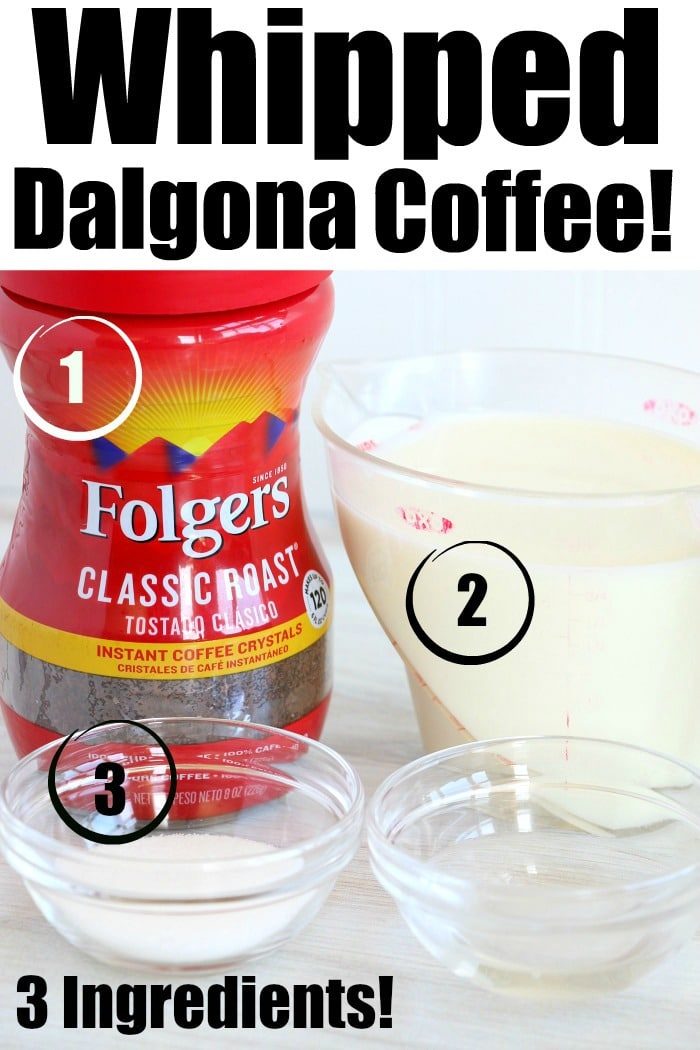 Folgers coffee, milk, and two small bowls with ingredients labeled 1, 2, and 3 are ready for making whipped coffee.