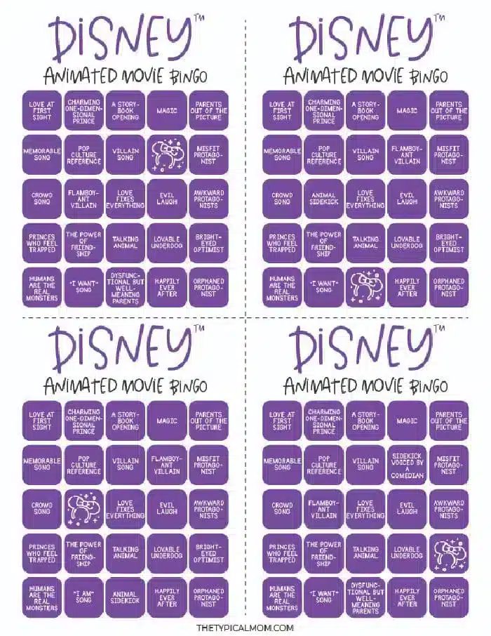 An image showcasing four identical Disney Bingo cards, each featuring a 5x5 grid with various movie-related phrases such as "Love at first sight," "Talking animal sidekick," and "Villain has powers." The cards boast a purple background.