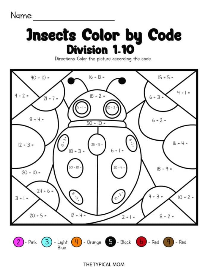 Division Color by Number worksheet featuring code-based insect designs with division problems and a color key.