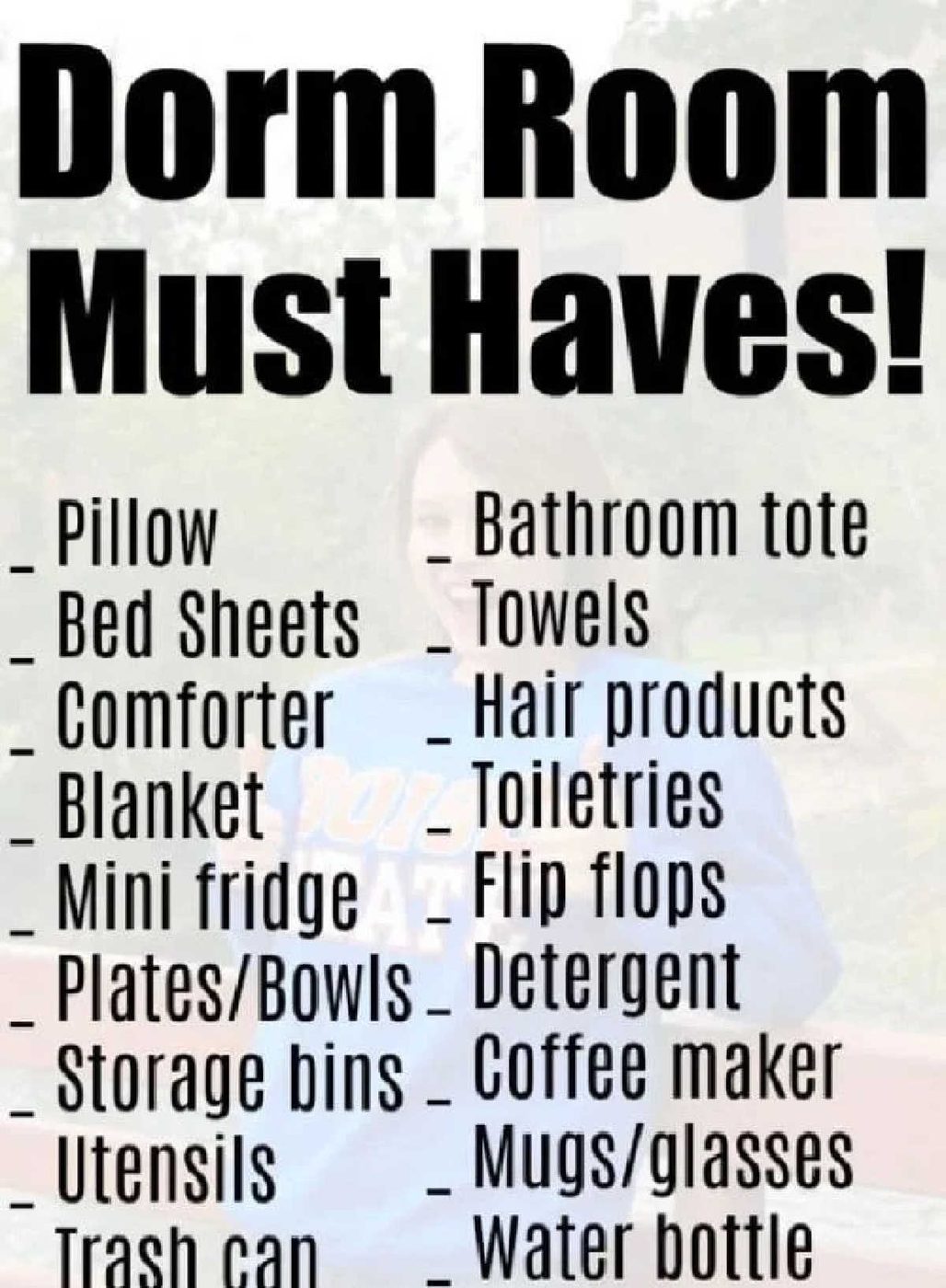 Free Printable Dorm Room Checklist