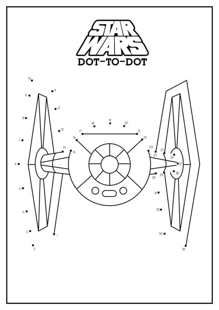 A dot-to-dot puzzle featuring a TIE Fighter from Star Wars. The image, labeled "Star Wars Dot-to-Dot" at the top, offers Dot to Dot Printables Free with numbered dots ranging from 1 to 35. The TIE Fighter's central body and two wings are partially outlined.