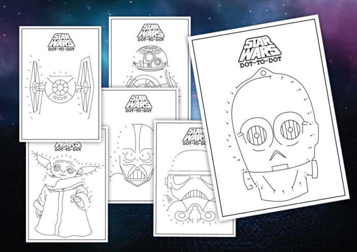 Six free "Star Wars" themed dot-to-dot coloring pages are arranged on a galaxy-themed background. The pages feature characters and items such as a TIE fighter, Yoda, a stormtrooper helmet, C-3PO, and another figure. Each page proudly displays the "Star Wars Dot-to-Dot" title for your enjoyment.