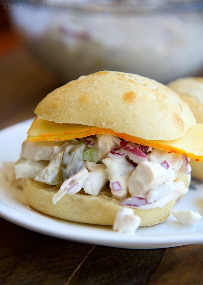 Rotisserie chicken salad sandwich with cheese elegantly served on a plate.