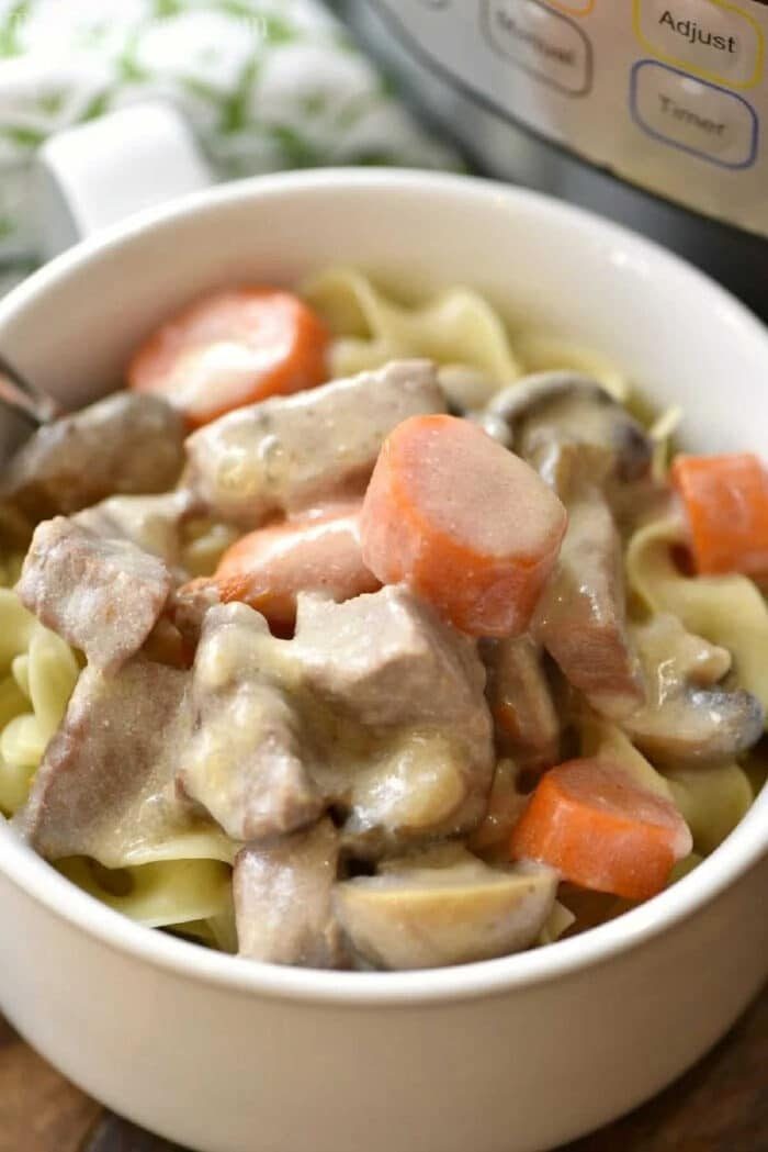 A bowl of creamy Instant Pot beef stroganoff with stew meat, carrots, mushrooms, and noodles.