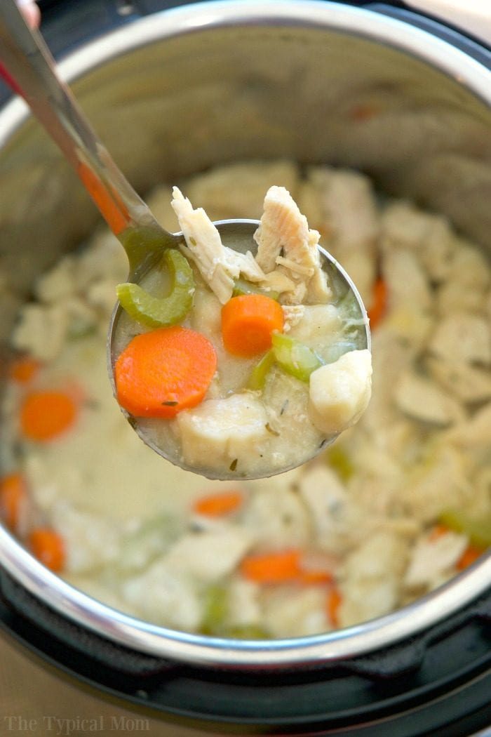 Ladle of chicken and dumplings with carrots, celery, and potatoes over an Instant Pot, showcasing one of those easy instant pot chicken recipes solid for a cozy meal.