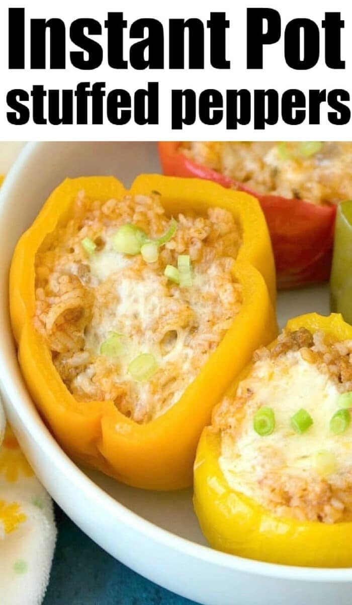 Yellow bell pepper stuffed with rice, cheese, and green onions—these easy Instant Pot stuffed peppers make a good and satisfying meal.