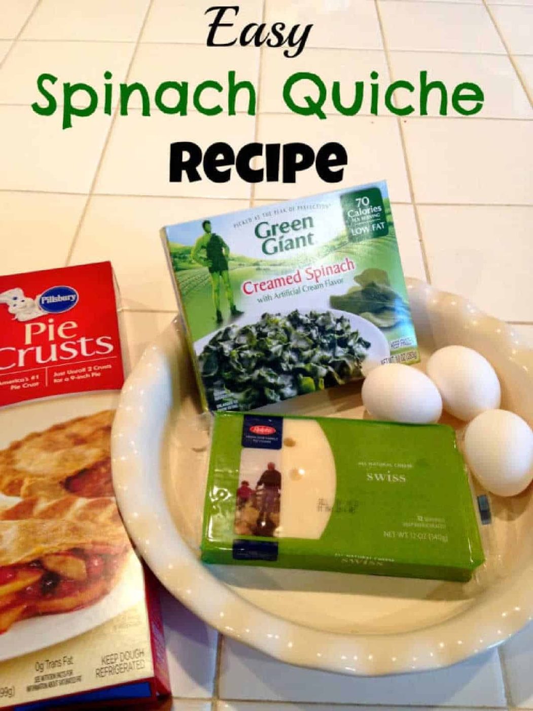 Pie crusts, creamed spinach, Swiss cheese, and three eggs are ready on the counter—solid ingredients for an easy mini quiche recipe.