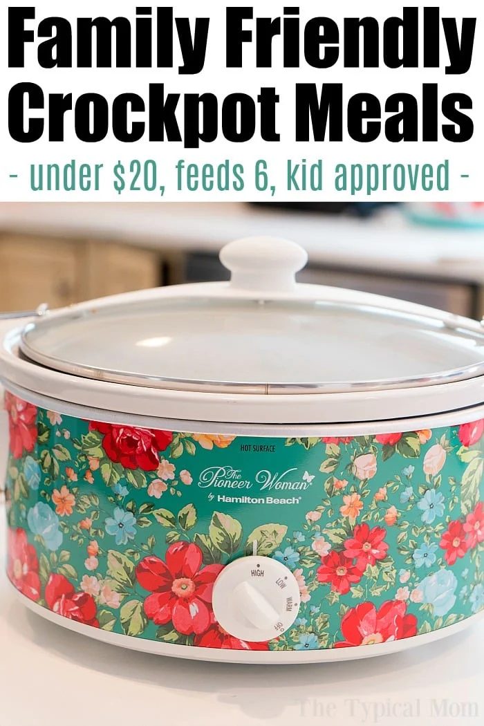 A floral-patterned slow cooker on a kitchen counter. Text above: Family Friendly Crockpot Meals - easy, cheap, under $20, feeds 6, kid approved.