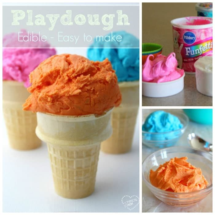 Edible playdough in ice cream cones and bowls, made with colorful frosting and Funfetti cake mix, turns snack time into a creative adventure. Kids will love shaping their own edible playdough treats!.