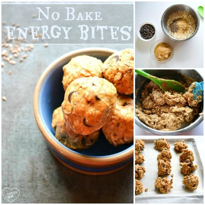 Bowl of no bake energy bites and ingredients with step-by-step mixing and shaping process shown, solid for anyone looking to try a simple energy ball recipe.