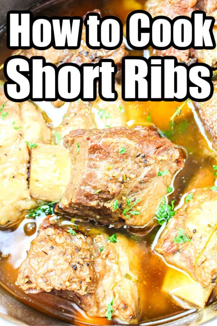 Close-up of tender English Cut Short Ribs in rich sauce with text overlay: How to Cook Short Ribs.