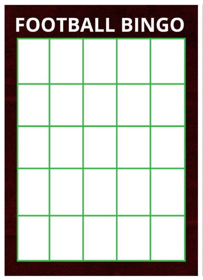 A football bingo card featuring a 5x5 grid of empty squares, with FOOTBALL BINGO boldly displayed at the top—solid for adding excitement to your next football bingo game.