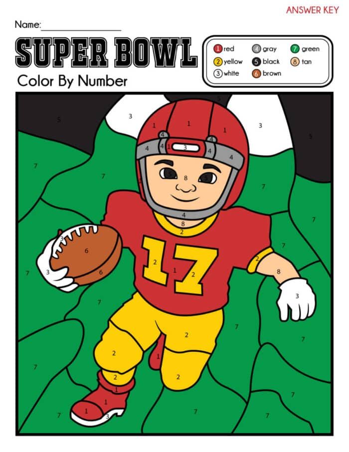Discover our Football Coloring Pages, featuring a color by number image of a football player in vibrant red and yellow gear. The athlete is poised with the ball, enveloped by intriguingly numbered sections for you to bring to life.