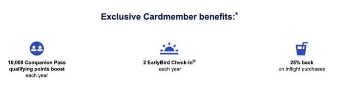 Card benefits: 10,000 points towards free airline tickets, 2 EarlyBird Check-Ins, and 25% back on in-flight purchases.
