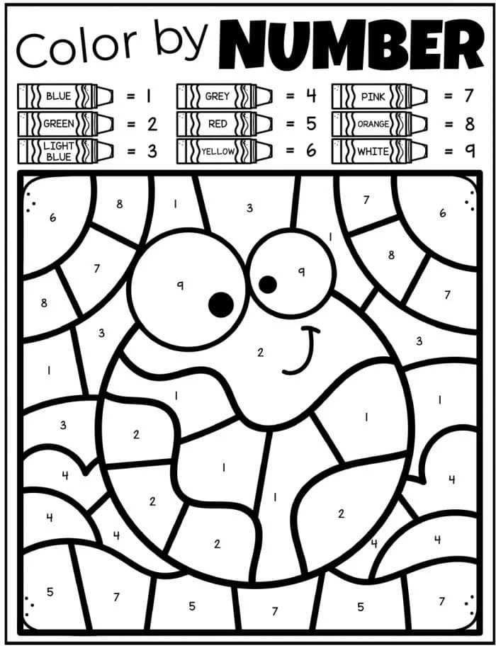 Color by number worksheet featuring a smiling snail with numbered sections, solid for Earth Day coloring pages. A key at the top indicates colors: blue, light blue, green, yellow, grey, red, pink, orange, and white corresponding to numbers 1 to 9.
