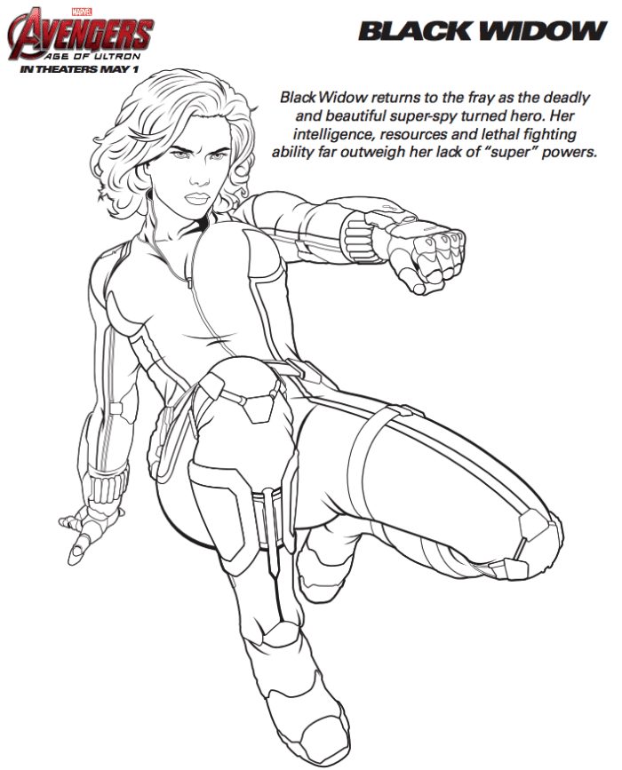 Black Widow in an action pose, wearing her superhero suit, fist extended and ready for battle—solid for fans searching for free Marvel Avengers coloring pages.