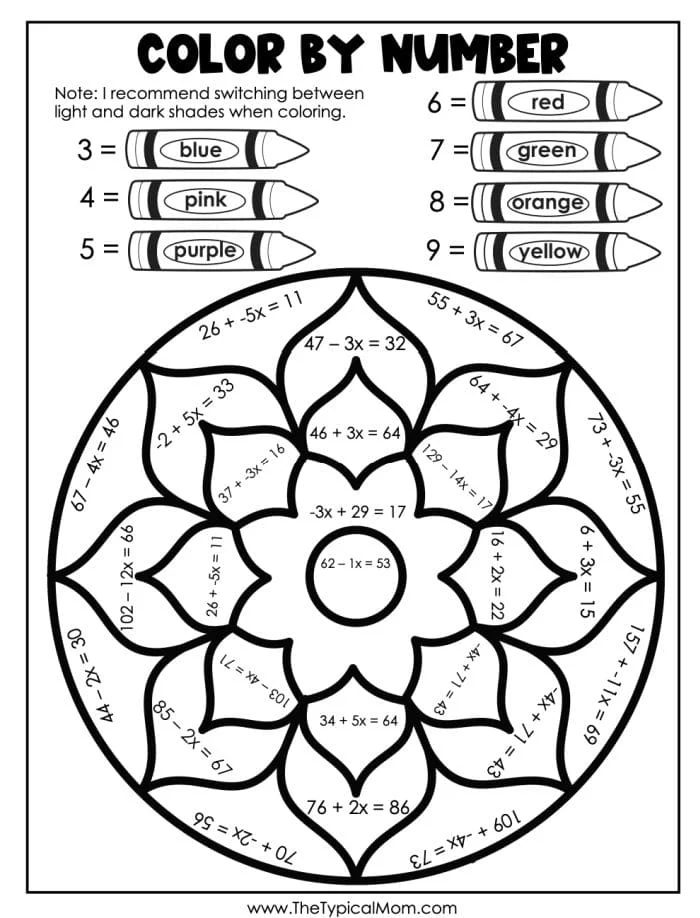 algebra color by number