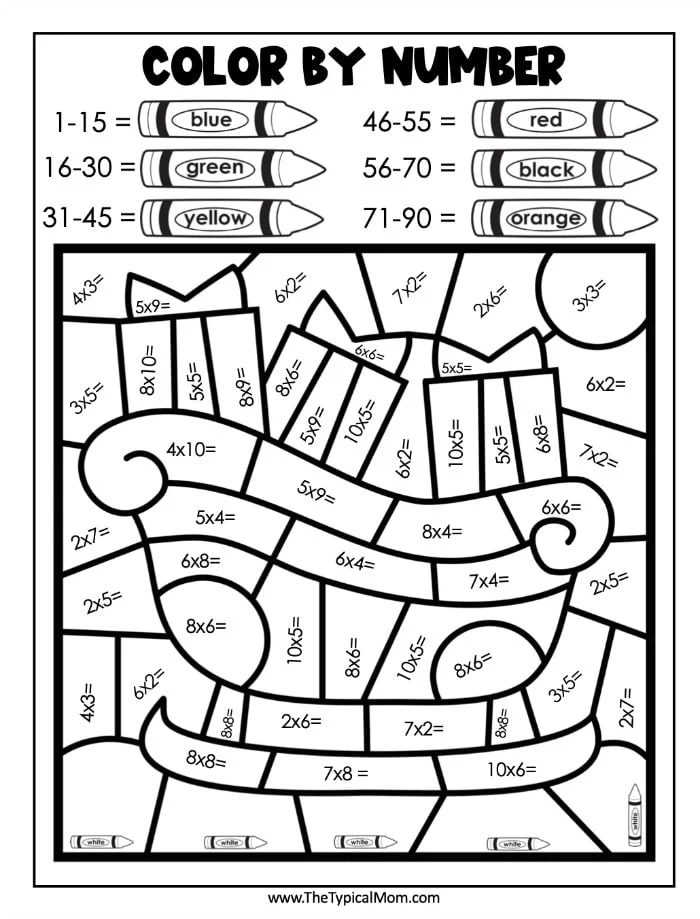 Christmas-themed color by number worksheet featuring math multiplication problems and festive crayons labeled with holiday color ranges for each number set.