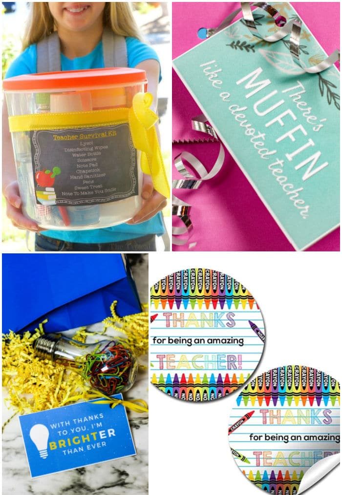 Collage of teacher gift ideas: a survival kit in a clear container, a muffin gift with a ribbon, a bulb-themed thank-you card, and colorful crayon stickers for teachers, all enhanced with free printable teacher appreciation tags.