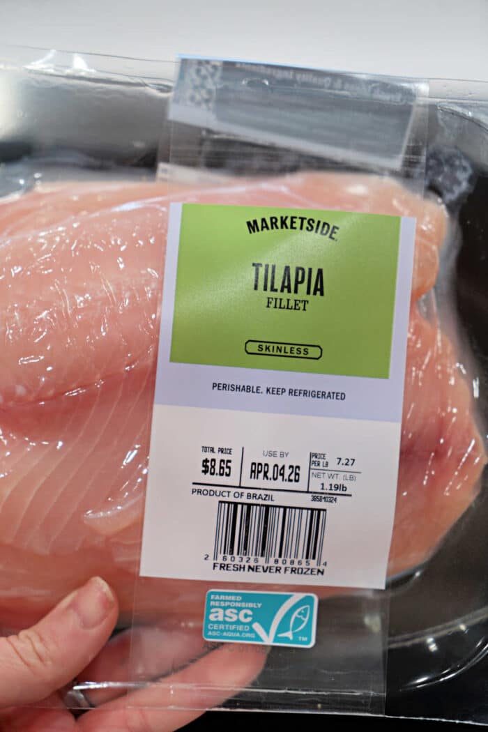 Packaged Marketside skinless tilapia fillets with a label showing price, weight, and expiration date—solid for your next fried tilapia or favorite tilapia recipe.