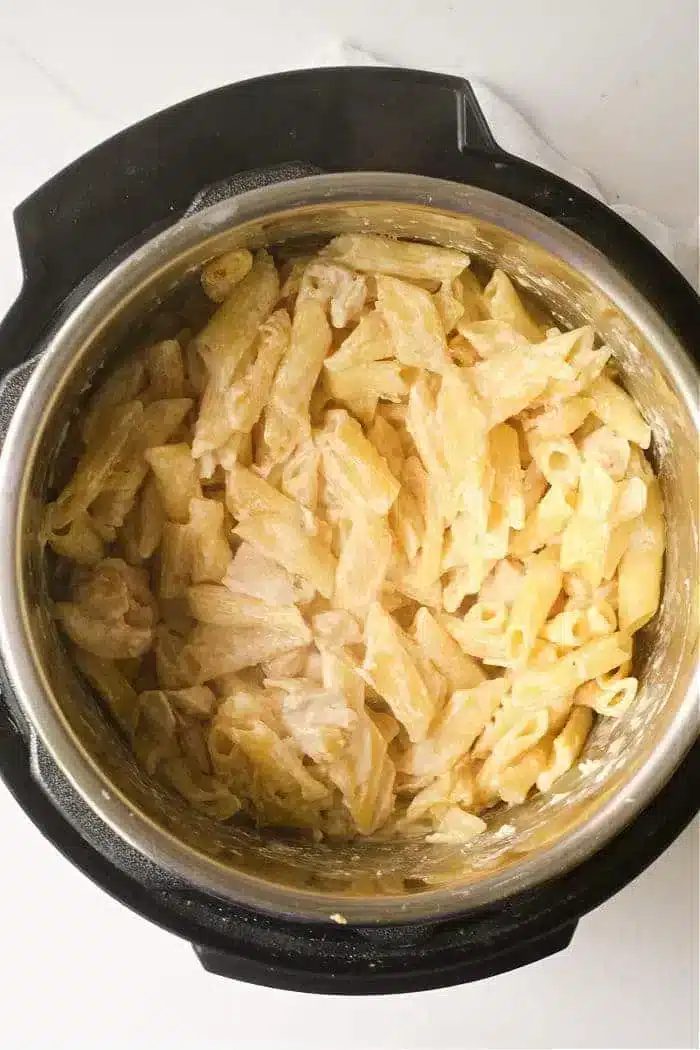 A pot of creamy penne pasta, infused with the comforting aroma of Frozen Chicken and Noodles, lies cooked and ready to serve. The glossy sauce clings to each penne shape, invitingly set on a light surface.