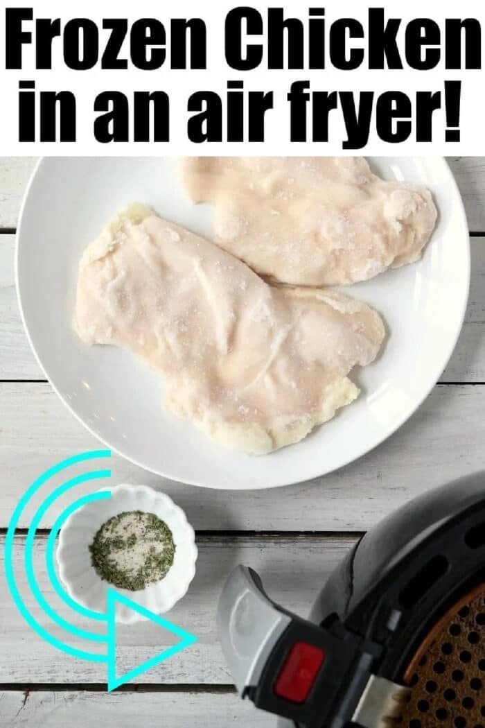 Frozen chicken breasts on a plate next to an air fryer and a small bowl of herbs on a white table, solid for preparing frozen chicken breast in air fryer with fresh flavors.