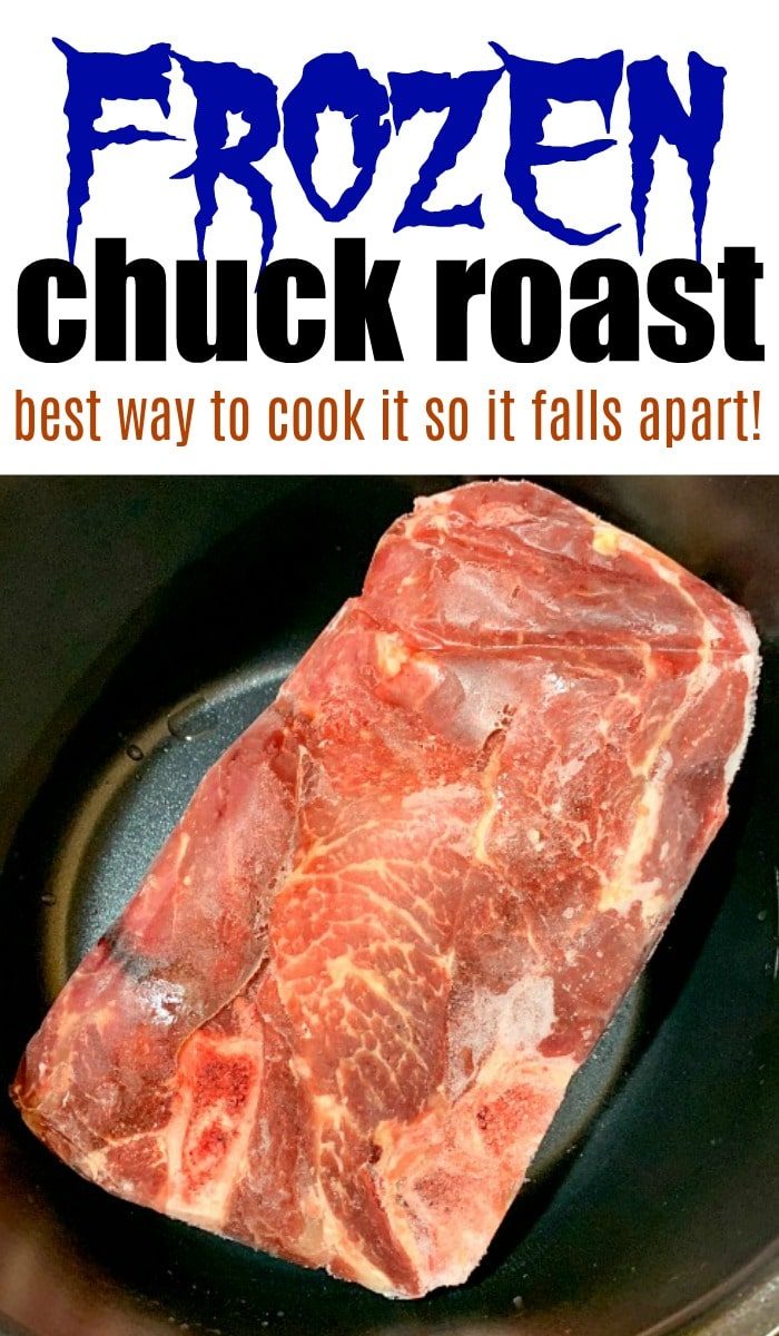 Image of a frozen chuck roast in a pressure cooker. Text above reads, FROZEN chuck roast, best way to cook it so it falls apart—try using an Instant Pot!