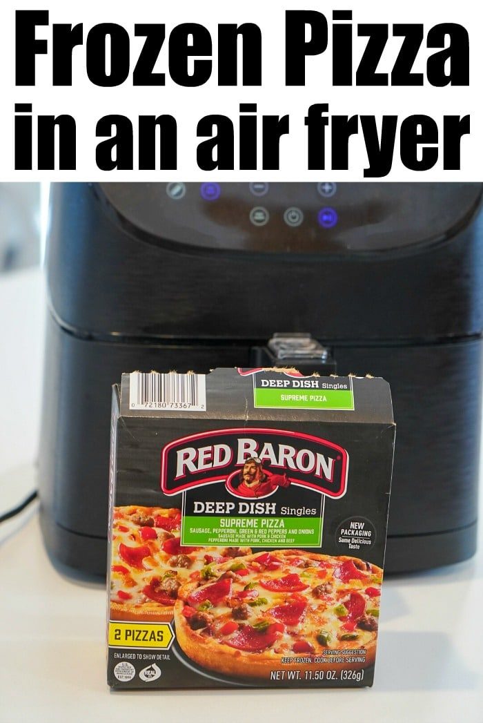 A box of Red Baron Deep Dish Singles Supreme Pizza sits enticingly in front of a sleek, black air fryer with a digital display. Above the image, the text reads: "Frozen pizza perfection in an air fryer.