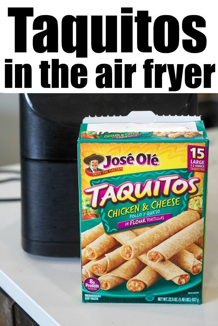 Box of José Olé Chicken & Cheese Taquitos on a counter with an air fryer ready to go in the background. This box of frozen taquitos boasts 15 large taquitos made with flour tortillas, solid for crisping up in the air fryer.