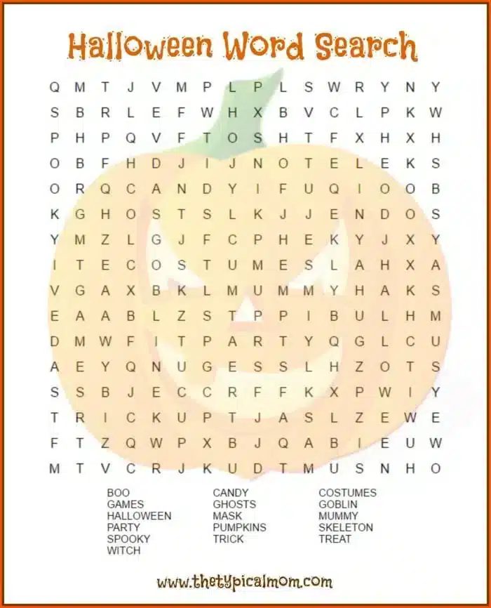 A Halloween-themed word search puzzle. Words to find include "BOO," "COSTUMES," "GHOSTS," and more. The word search grid is superimposed over an orange jack-o'-lantern image. The title "Halloween Word Search" is at the top, reminiscent of a halloween bingo vibe. Website link at the bottom.