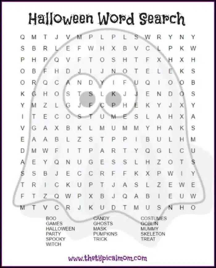 Dive into a Halloween-themed word search puzzle printable, skillfully shaped like a ghost. Discover eerie words like "BOO," "CANDY," and "GHOSTS" as you enjoy this spooky pastime. solid for fans of "WITCHES," "PUMPKINS," and all things frightful this season!