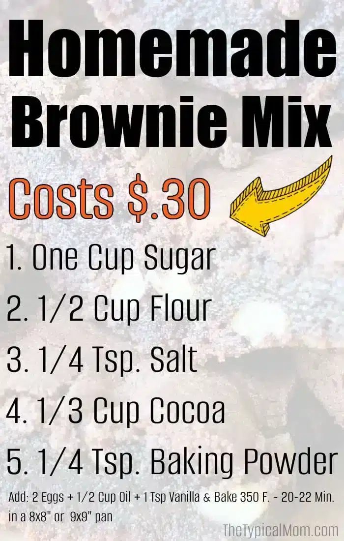 A homemade brownie mix recipe image features a background of good brownies. Text lists ingredients: 1 cup sugar, 1/2 cup flour, 1/4 tsp salt, 1/3 cup cocoa, 1/4 tsp baking powder. With a cost of $0.30, further baking instructions are included for your solid homemade delight.