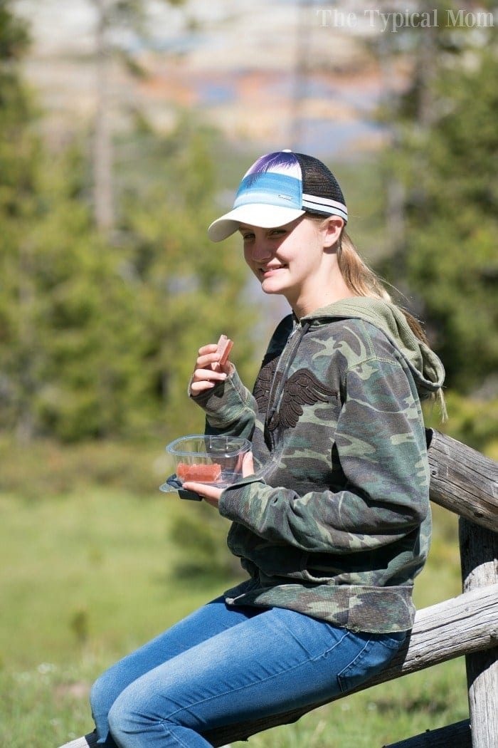Smiling girl in a cap and camo hoodie enjoying homemade fruit snacks outdoors, sitting on a wooden fence in a grassy area.