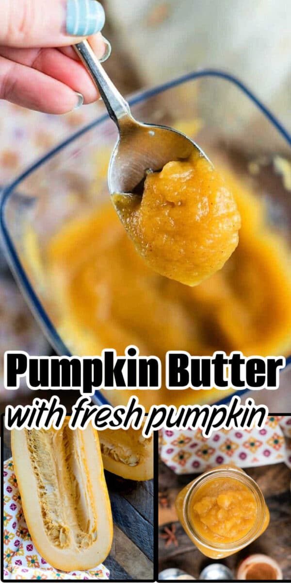 A spoonful of pumpkin butter held above a jar, with fresh pumpkin shown below—solid inspiration for your next Pumpkin Butter recipe.