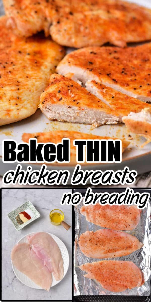 Seasoned, baked, thin chicken breasts with no breading shown cooked, raw, and before baking on foil. See how long to cook thin chicken breast in oven for solid results every time.