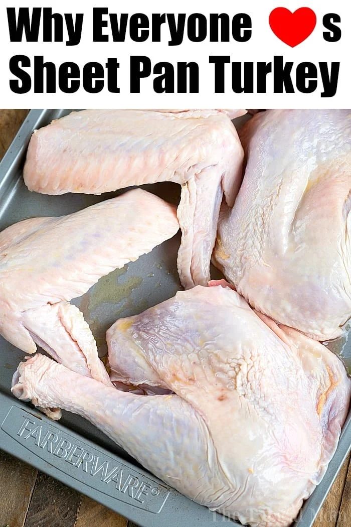 Sheet pan turkey parts are neatly arranged on a silver sheet pan. The top text reads, Why Everyone Lves Sheet Pan Turkey with a heart replacing the "o" in Loves.