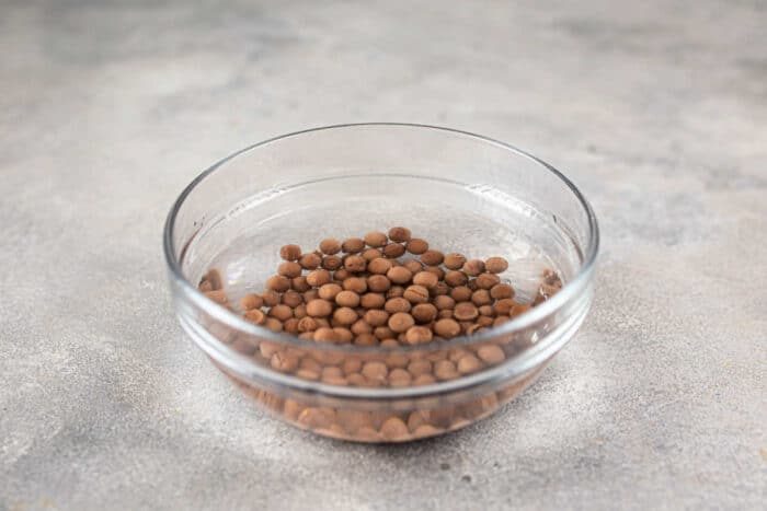 On a gray countertop, a glass bowl brims with tapioca pearls youd find in guides on how to cook boba for bubble tea.