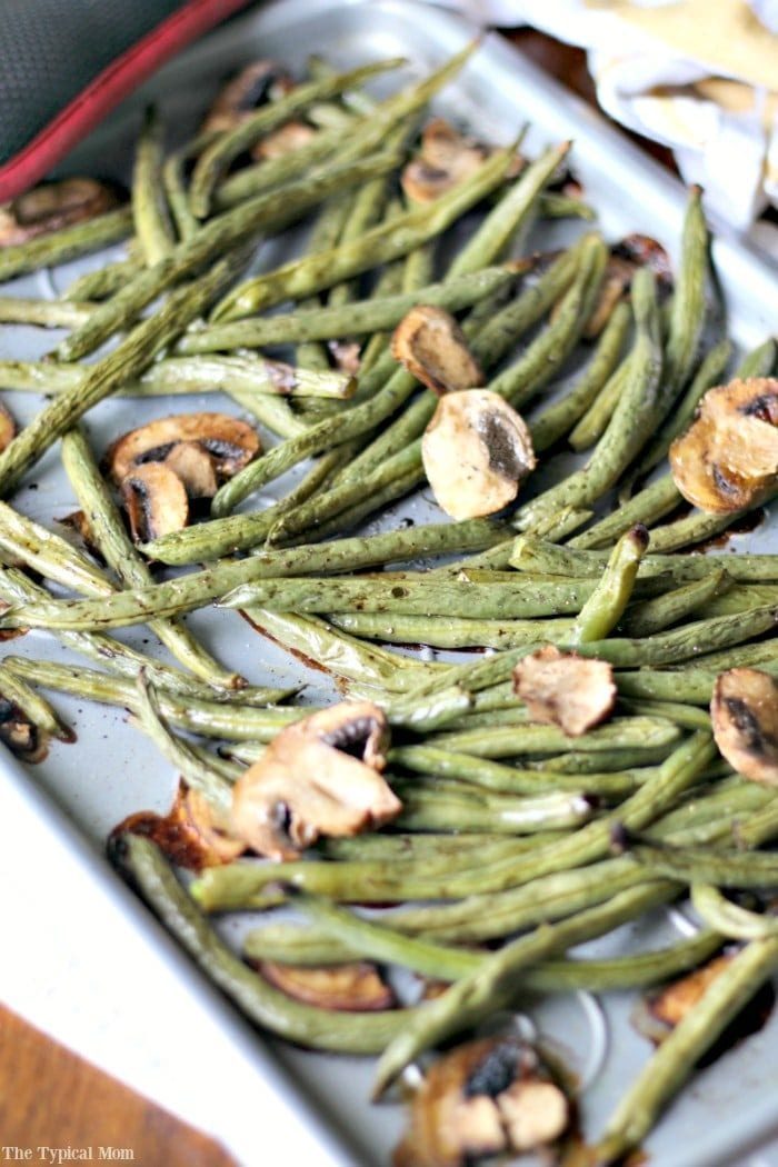 Sheet pan green beans and sliced mushrooms roasted to perfection.