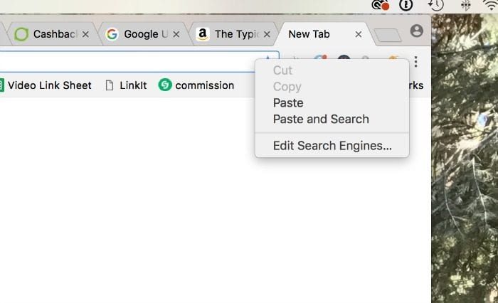 A browser window with multiple tabs open and a menu showing search engine editing options, as if someone is searching for tips like how to get into Disneyland for free.
