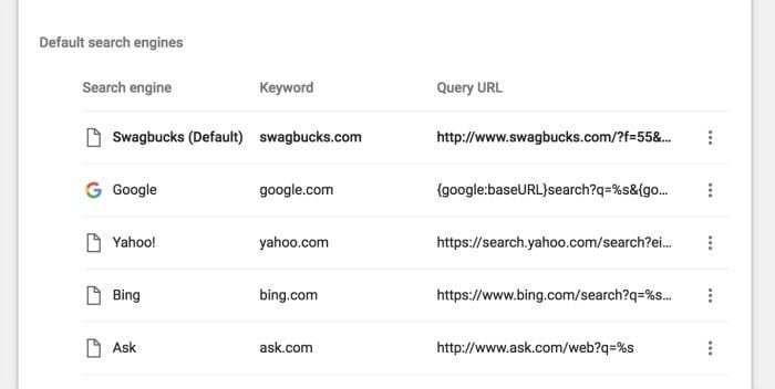 Browser settings page showing a list of default search engines with their keywords and query URLs, including suggestions for searches like "how to get into Disneyland for free.