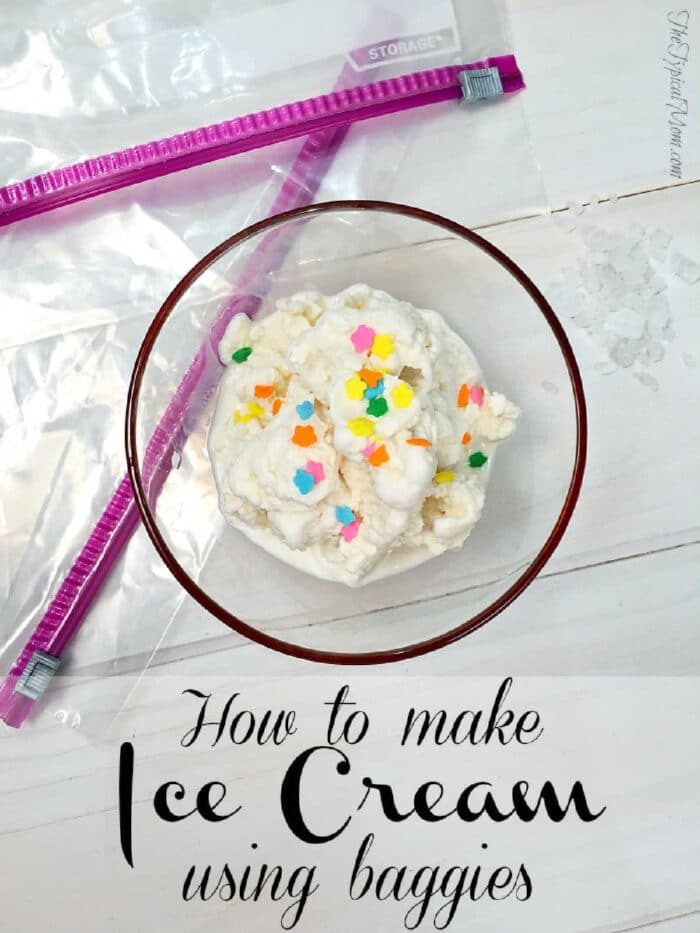 A bowl of ice cream with sprinkles sits by ziplock bags, with the text how to make ice cream at home using baggies.