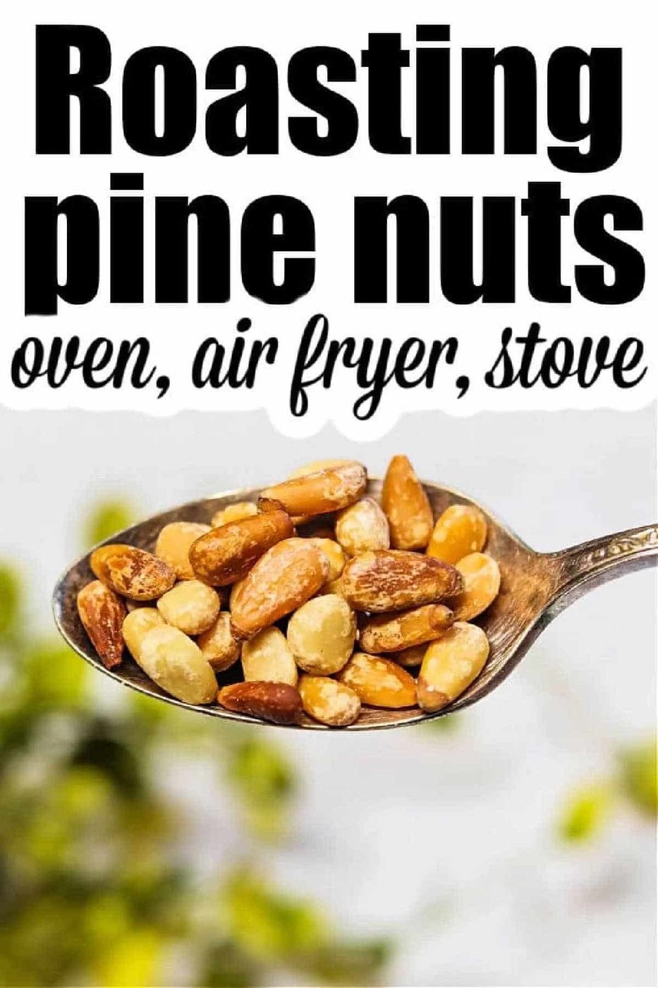 A spoon holding roasted pine nuts with text about How to Roast Pine Nuts using different methods: oven, air fryer, and stove.