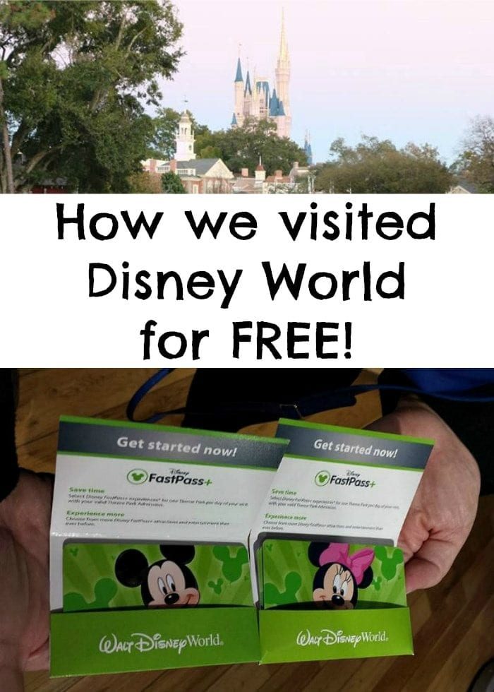 Two hands clutch Disney World FastPass+ brochures adorned with Mickey and Minnie Mouse. In the background, a majestic Disney castle stands tall. Text reads: Discover how to visit Disney World for FREE!