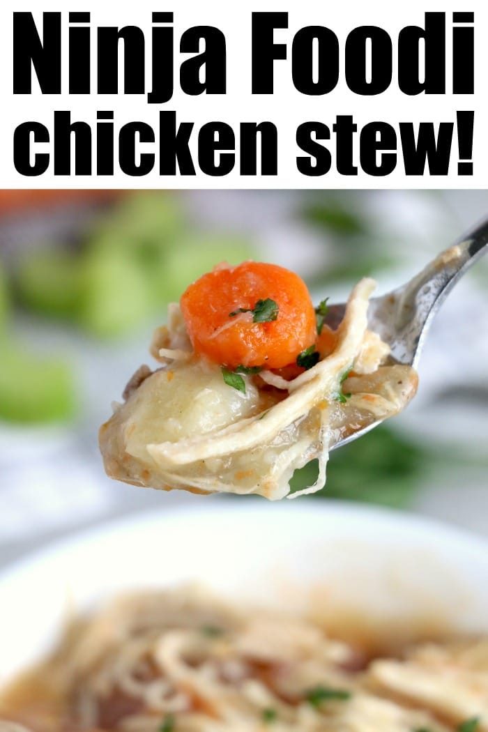 Spoonful of chicken stew with carrots and herbs, text reads Ninja Foodi instant pot chicken stew!
