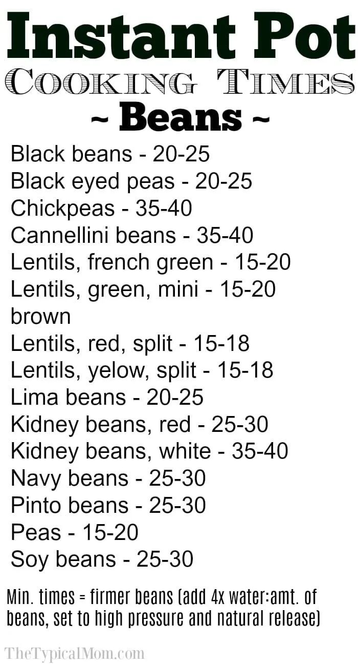 Chart of cooking beans in a pressure cooker, detailing Instant Pot times for various beans such as black beans, chickpeas, lentils, and soybeans.