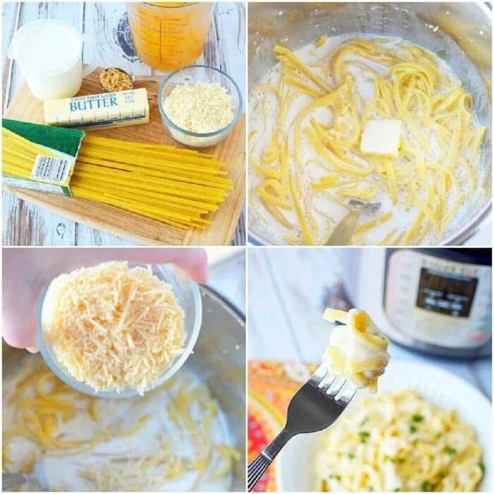 Ingredients, pasta cooking, cheese adding, and a close-up of creamy instant pot fettuccine alfredo noodles on a fork in a four-panel collage.