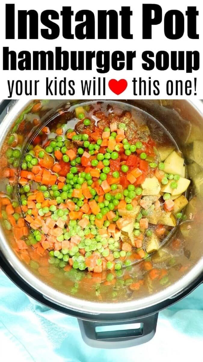 Top view of Instant Pot Hamburger Soup with Potatoes, featuring peas, carrots, and ground beef—ready to serve a comforting meal.