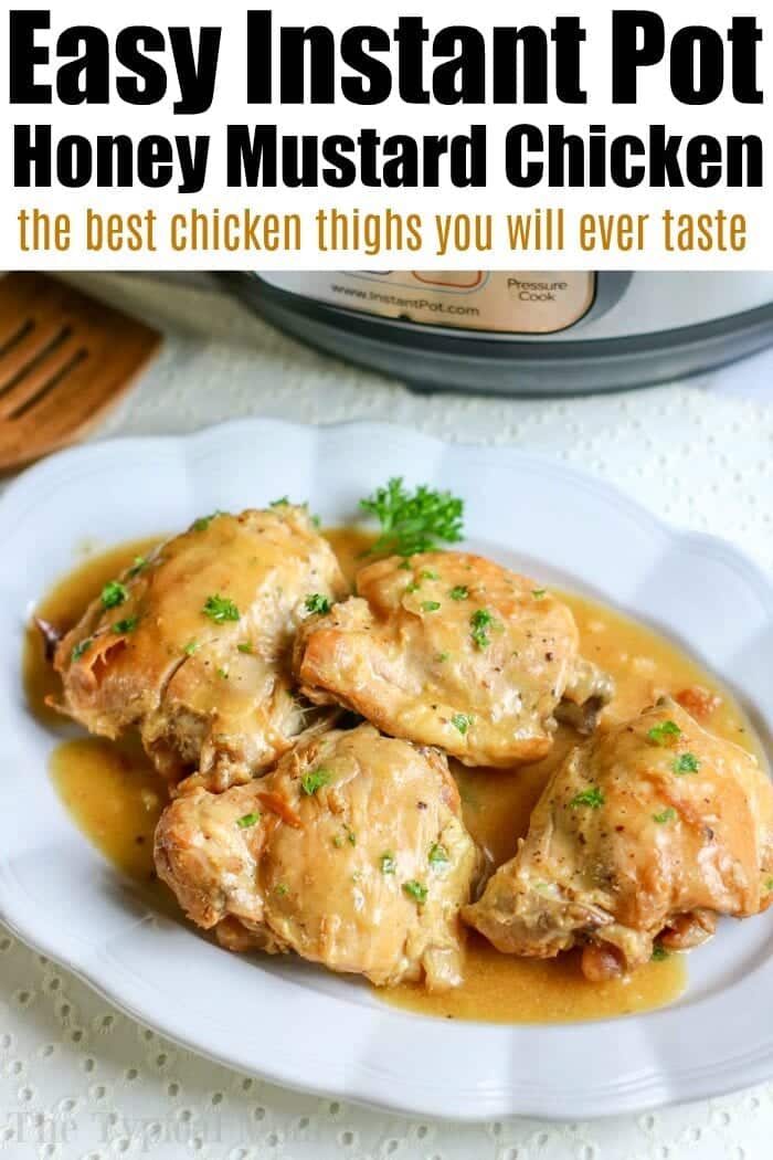 A plate of Instant Pot Honey Mustard Chicken thighs garnished with fresh herbs sits invitingly in front of the sleek appliance, promising a savory and effortless meal.
