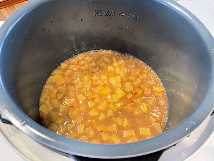 Diced apples simmer in liquid alongside instant pot oatmeal, creating a warm, comforting dish inside your electric pressure cooker.
