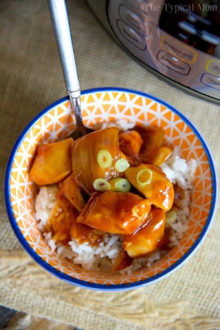 A bowl of white rice topped with saucy chicken and green onions, with a fork and pressure cooker nearby—like an instant pot orange chicken recipe.